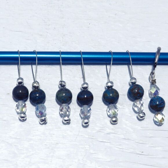 Handmade Stitch Markers w/ Blue Jasper and Crystal Beads for Knitting & Crochet - Picture 4 of 8